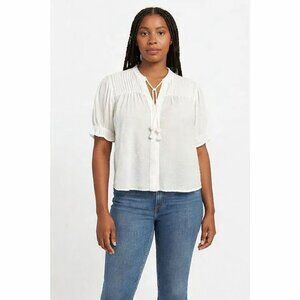 Elizabeth Crosby White Short Sleeve Tie Neck Blouse S
